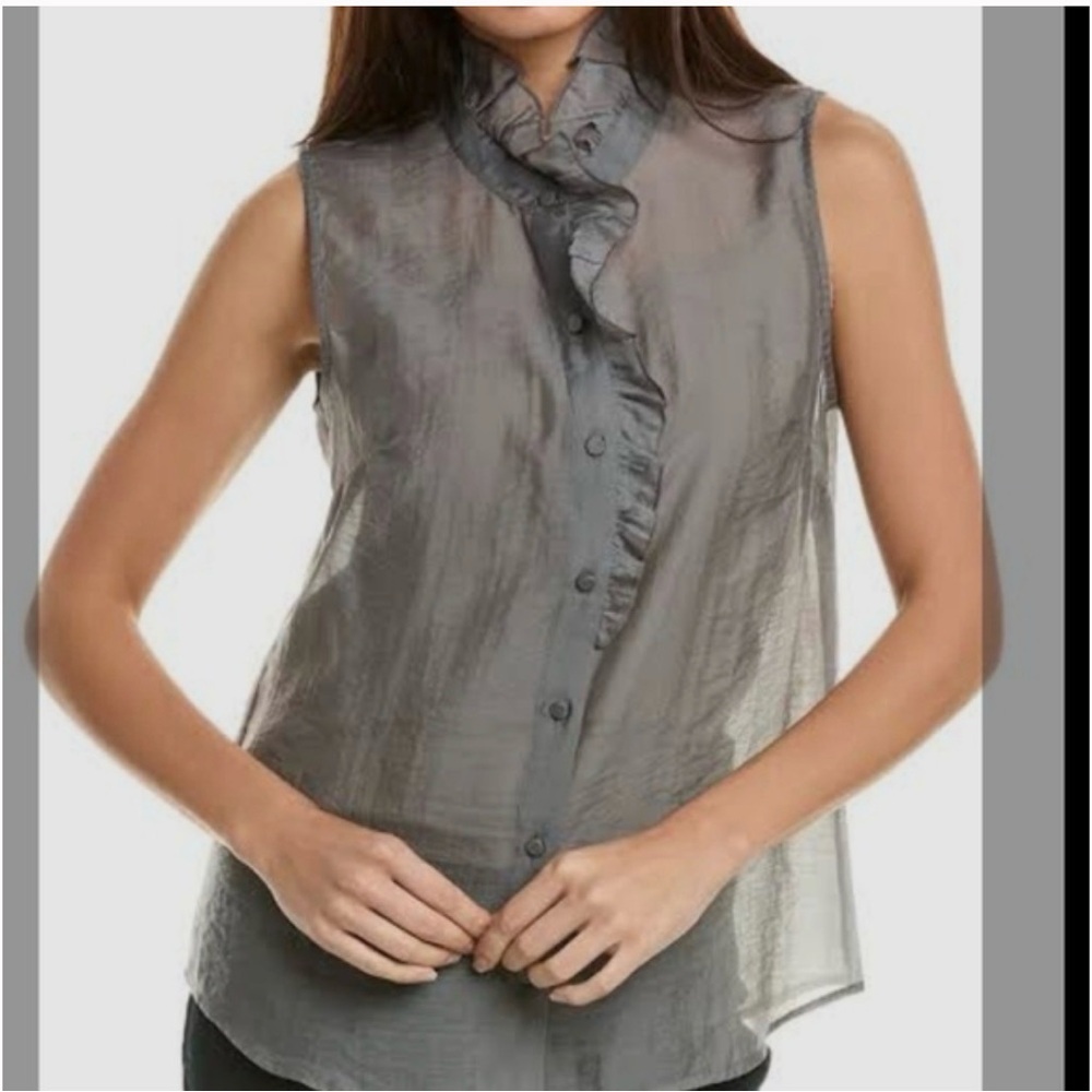 Cabi Coin Top Grey Sheer Ruffle Collar Sleeveless Button Down Blouse 4555 Large